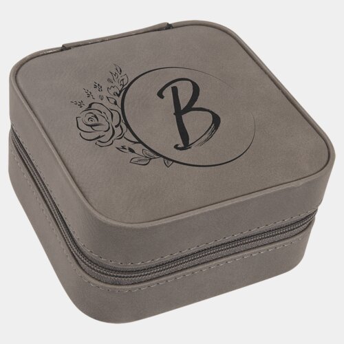 Personalized 4" X 4" Gray Laserable Leatherette Travel Jewelry Box with Black Lining Thumbnail