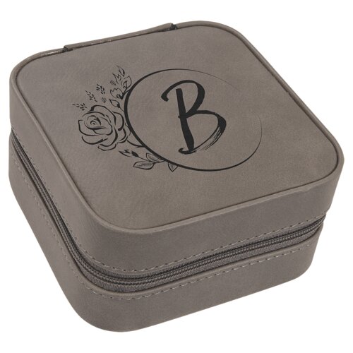 Personalized 4" X 4" Gray Laserable Leatherette Travel Jewelry Box with Black Lining Thumbnail