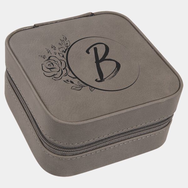 Personalized 4" X 4" Gray Laserable Leatherette Travel Jewelry Box with Black Lining Thumbnail