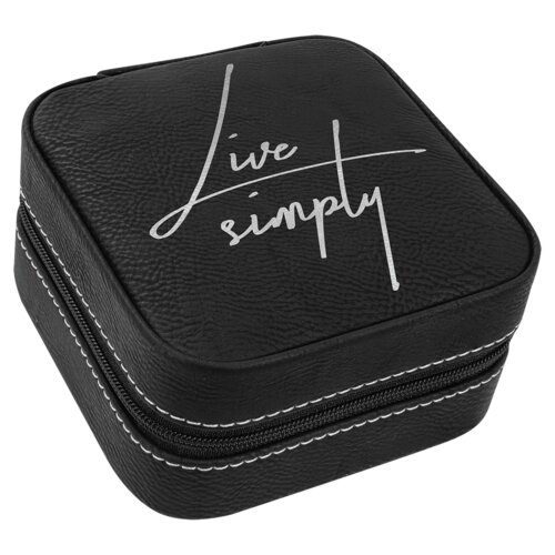 Personalized 4" X 4" Black/Silver Laserable Leatherette Travel Jewelry Box with Black Lining Thumbnail