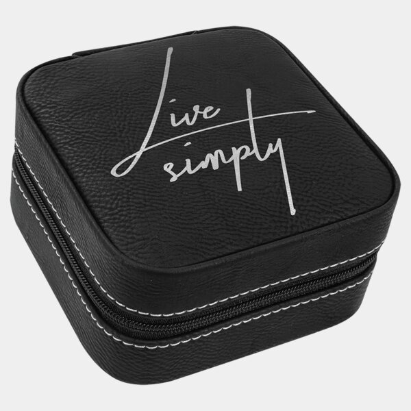 Personalized 4" X 4" Black/Silver Laserable Leatherette Travel Jewelry Box with Black Lining Thumbnail