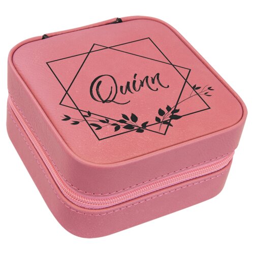 Personalized 4" X 4" Pink Laserable Leatherette Travel Jewelry Box with Black Lining Thumbnail