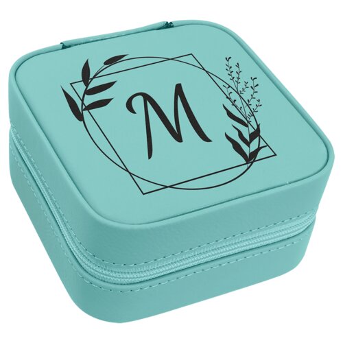 Personalized 4" X 4" Teal Laserable Leatherette Travel Jewelry Box with Black Lining Thumbnail