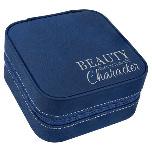Personalized 4" X 4" Blue/Silver Laserable Leatherette Travel Jewelry Box with Black Lining Thumbnail