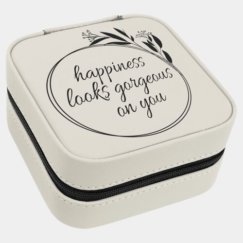 Personalized 4" X 4" White/Black Laserable Leatherette Travel Jewelry Box with Black Lining Thumbnail