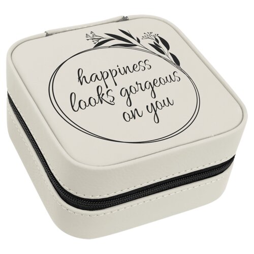 Personalized 4" X 4" White/Black Laserable Leatherette Travel Jewelry Box with Black Lining Thumbnail