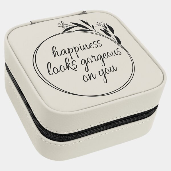 Personalized 4" X 4" White/Black Laserable Leatherette Travel Jewelry Box with Black Lining Thumbnail