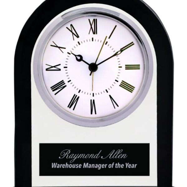 Personalized 6 1/4" Black/Clear Glass Arch Clock Thumbnail