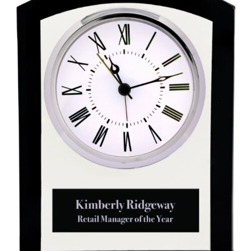 Personalized 6 1/4" Black/Clear Glass Square Arch Clock Thumbnail