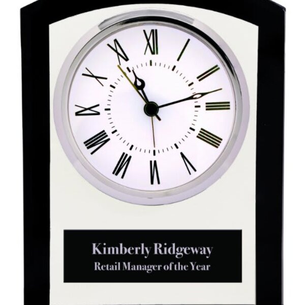 Personalized 6 1/4" Black/Clear Glass Square Arch Clock Thumbnail