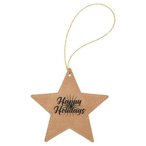 Personalized Light Brown Laserable Leatherette Star Ornament with Gold String Thumbnail