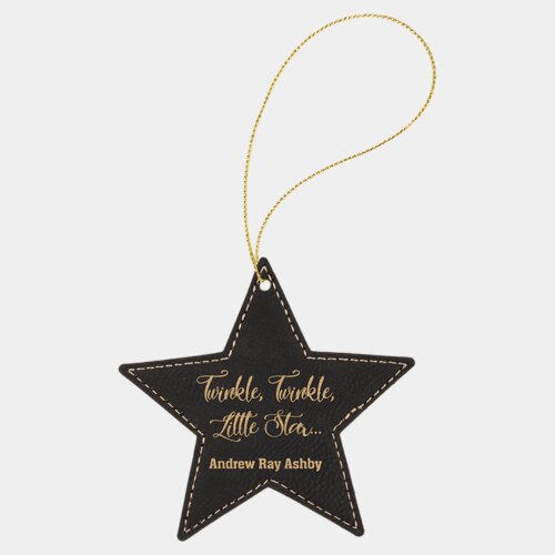Personalized Black/Gold Laserable Leatherette Star Ornament with Gold String Thumbnail