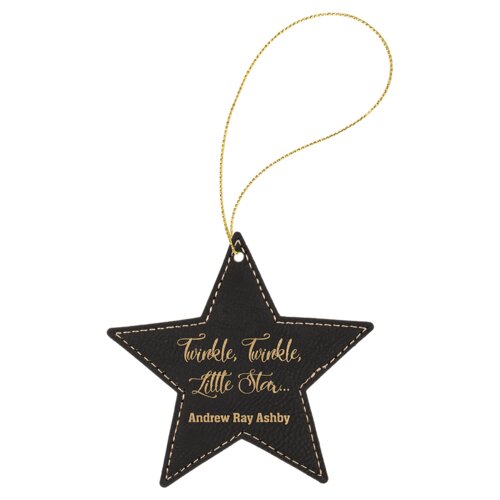 Personalized Black/Gold Laserable Leatherette Star Ornament with Gold String Thumbnail