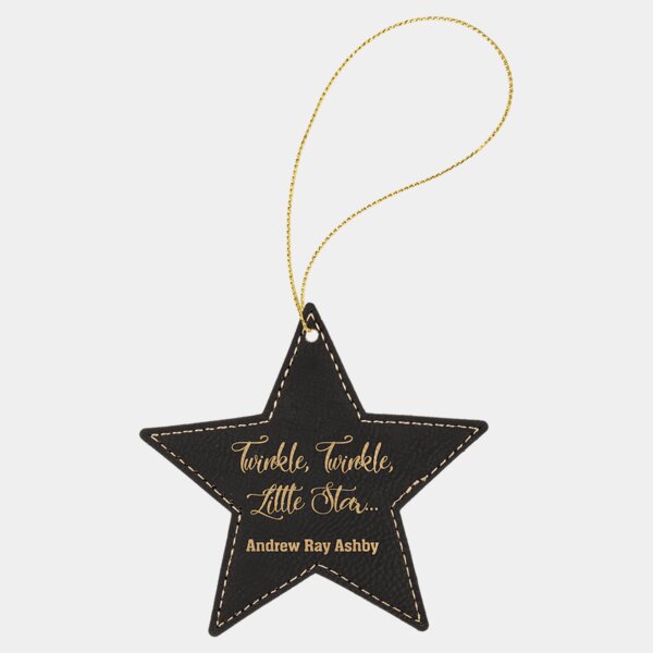 Personalized Black/Gold Laserable Leatherette Star Ornament with Gold String Thumbnail