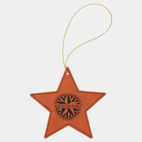 Personalized Rawhide Laserable Leatherette Star Ornament with Gold String Thumbnail