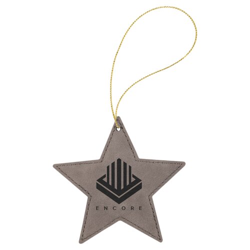 Personalized Gray Laserable Leatherette Star Ornament with Gold String Thumbnail