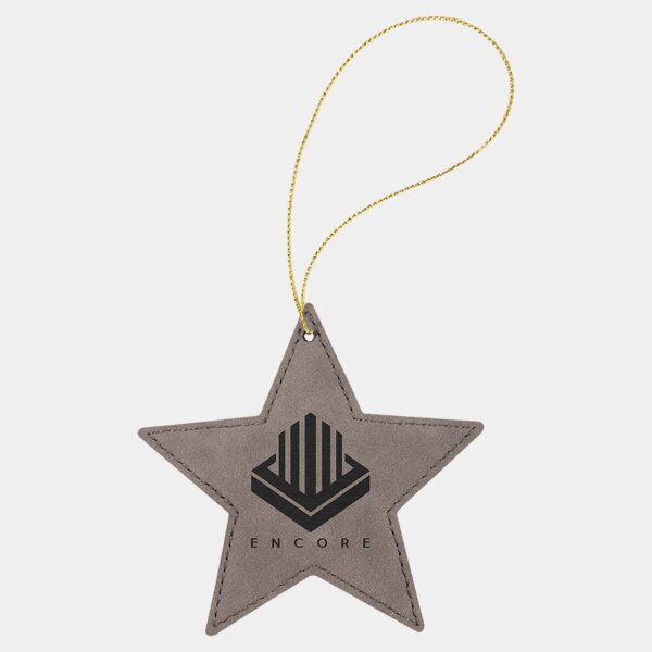 Personalized Gray Laserable Leatherette Star Ornament with Gold String Thumbnail