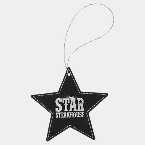 Personalized Black/Silver Laserable Leatherette Star Ornament with Silver String Thumbnail