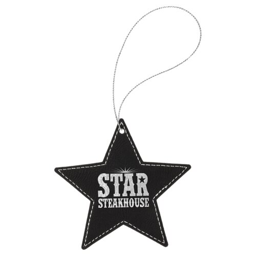 Personalized Black/Silver Laserable Leatherette Star Ornament with Silver String Thumbnail