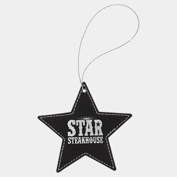 Personalized Black/Silver Laserable Leatherette Star Ornament with Silver String Thumbnail