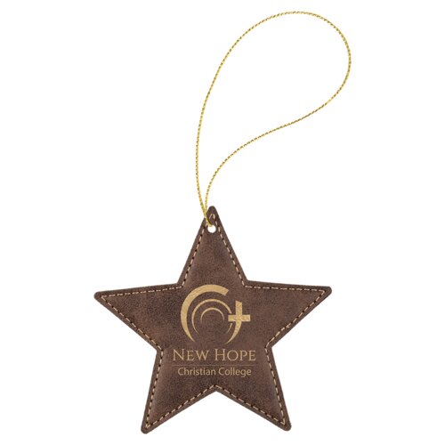 Personalized Rustic/Gold Laserable Leatherette Star Ornament with Gold String Thumbnail