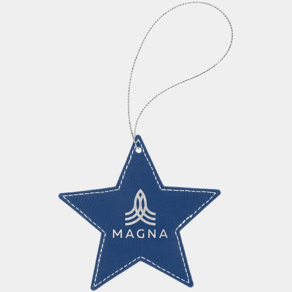 Personalized Blue/Silver Laserable Leatherette Star Ornament with Silver String Thumbnail