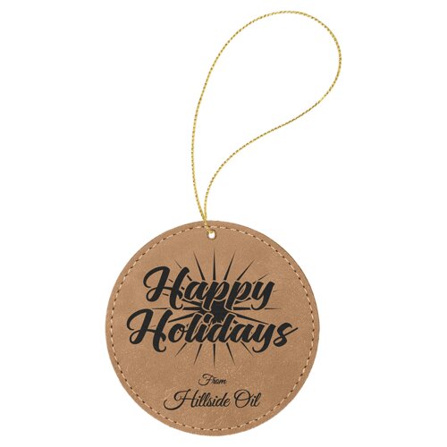Personalized Light Brown Laserable Leatherette Round Ornament with Gold String Thumbnail