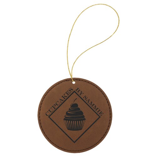 Personalized Dark Brown Laserable Leatherette Round Ornament with Gold String Thumbnail