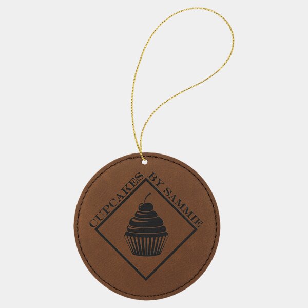 Personalized Dark Brown Laserable Leatherette Round Ornament with Gold String Thumbnail