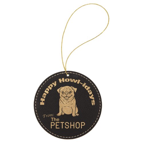 Personalized Black/Gold Laserable Leatherette Round Ornament with Gold String Thumbnail