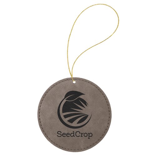 Personalized Gray Laserable Leatherette Round Ornament with Gold String Thumbnail