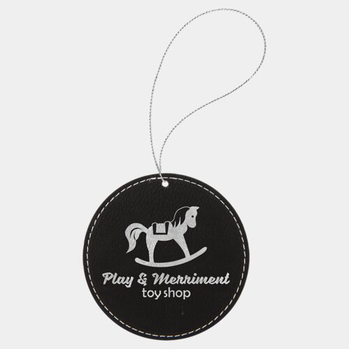 Personalized Black/Silver Laserable Leatherette Round Ornament with Silver String Thumbnail