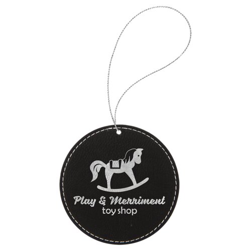 Personalized Black/Silver Laserable Leatherette Round Ornament with Silver String Thumbnail