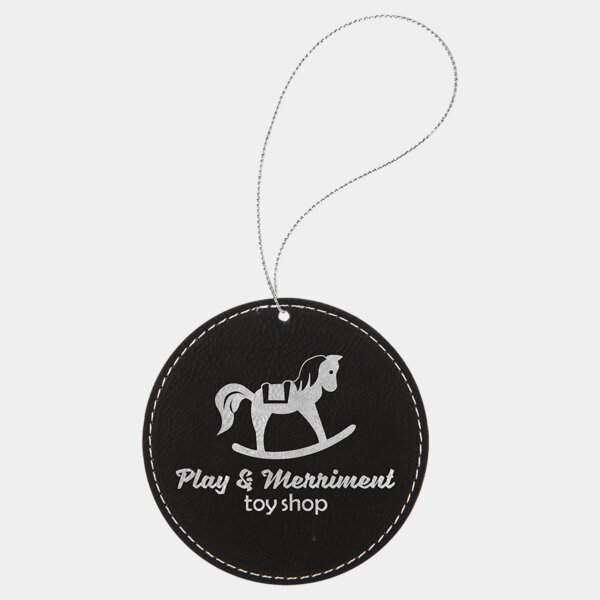 Personalized Black/Silver Laserable Leatherette Round Ornament with Silver String Thumbnail