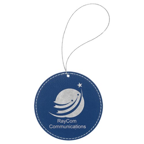 Personalized Blue/Silver Laserable Leatherette Round Ornament with Silver String Thumbnail