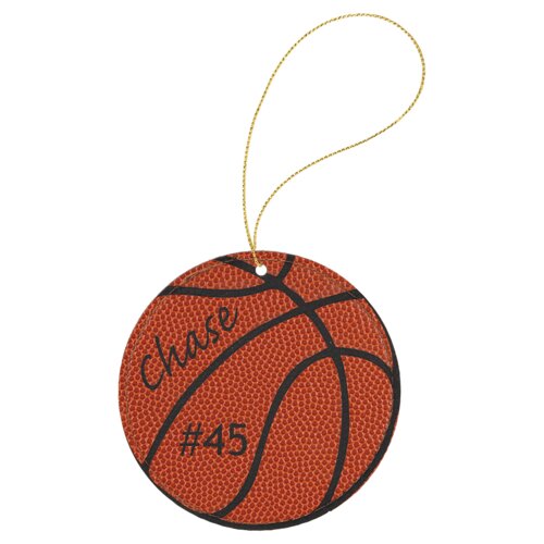 Personalized Basketball Laserable Leatherette Round Ornament with Gold String Thumbnail