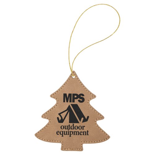 Personalized Light Brown Laserable Leatherette Tree Ornament with Gold String Thumbnail