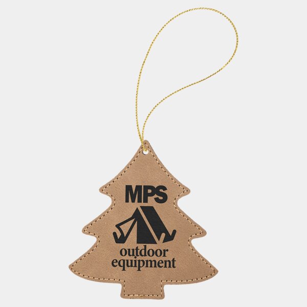 Personalized Light Brown Laserable Leatherette Tree Ornament with Gold String Thumbnail
