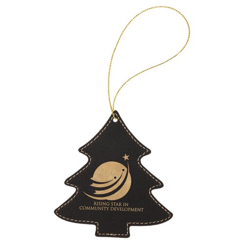 Personalized Black/Gold Laserable Leatherette Tree Ornament with Gold String Thumbnail
