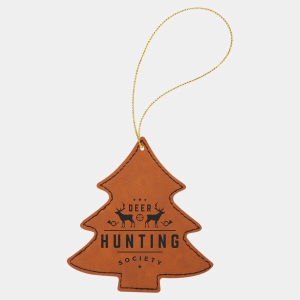 Personalized Rawhide Laserable Leatherette Tree Ornament with Gold String Thumbnail