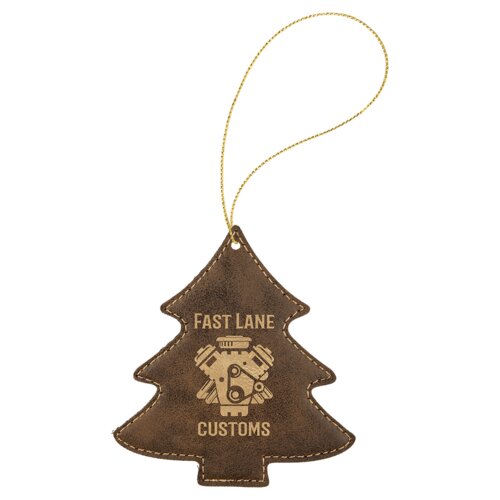 Personalized Rustic/Gold Laserable Leatherette Tree Ornament with Gold String Thumbnail