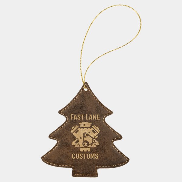 Personalized Rustic/Gold Laserable Leatherette Tree Ornament with Gold String Thumbnail