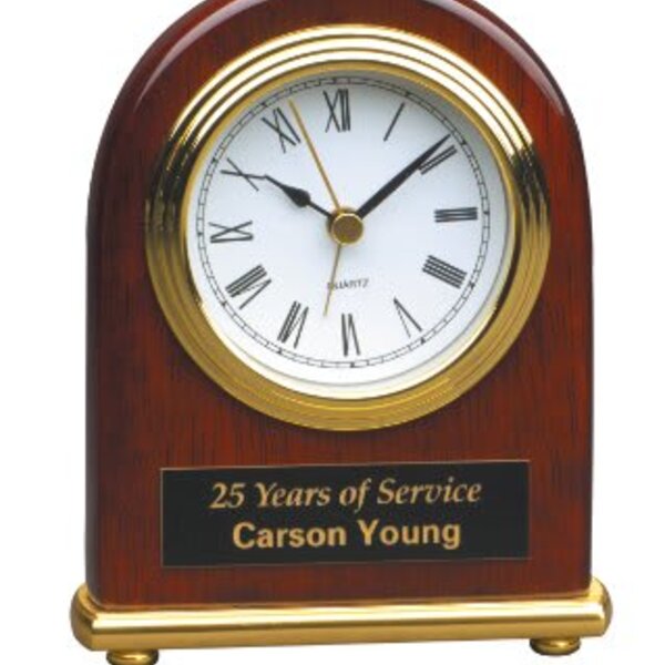 Personalized 4" x 5" Rosewood Piano Finish Arch Desk Clock Thumbnail