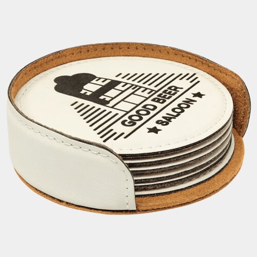 4" White Round Laserable Leatherette 6-Coaster Set Thumbnail