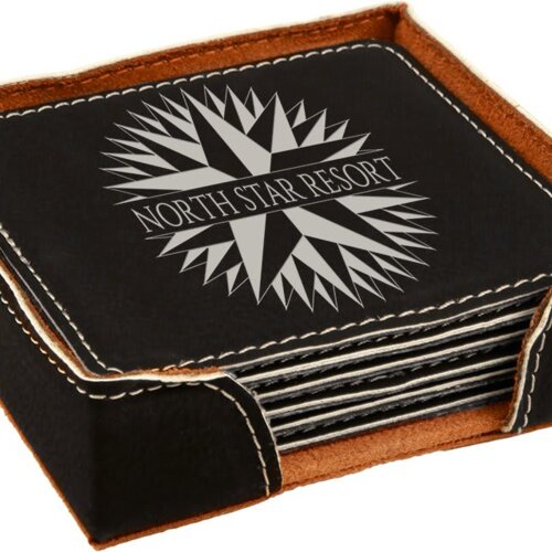 4" x 4" Black/Silver Square Laserable Leatherette 6-Coaster Set Thumbnail