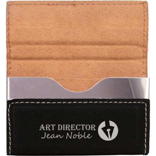 3 3/4" x 2 3/4" Black/Silver Laserable Leatherette Hard Business Card Holder Thumbnail