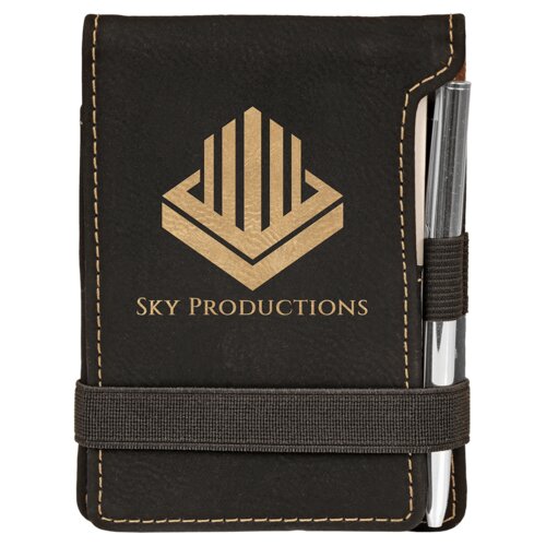 3 1/4" x 4 3/4" Black/Gold Laserable Leatherette Mini Notepad with Pen Thumbnail